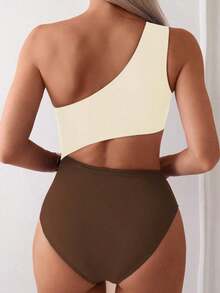 Swim 1 pieza Traje de baño de una pieza para mujer con diseño calado y fruncido en color liso - Marrón 2 - Ver 2