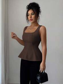 Blusa elegante de cuello cuadrado sin mangas para mujer, adecuada para la oficina, el transporte, el té de la tarde, las fiestas, las vacaciones y ocasiones casuales - Marrón - Ver 6