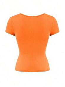 Camiseta de manga corta ajustada y sexy con cuello cuadrado de punto de unicolor para mujer Vaiaye, top de activewear para primavera/verano, adecuado para el Día de San Valentín en color rojo casual - Naranja - Ver 4