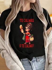 Women's Casual Short-Sleeved Crew Neck T-Shirt, Suitable For Streetwear, Everyday Wear, Camping, Concerts, And Hip-Hop, Rock, And Rap Events. Printed Short-Sleeved T-Shirt With The Phrase "Te Calmas O Te Calmo" (Mexican Woman With Flip-Flops And A Basket). Suitable For Christmas Parties, Sports Activities, Holiday Parties, Outings, Sports, And Other Holiday Gifts. - 黑色 - 查看 7
