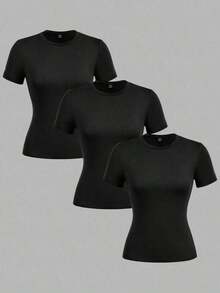 Casual Set. Single Garment, Not A 3-Piece Set. 1 Piece/Set Of Long-Sleeved T-Shirts Suitable For Streetwear. Oversized Round Neck Top For Daily Outings, Camping, Concerts, Hip-Hop, Rock, And Rap Events. Long-Sleeved Round Neck T-Shirts, Black, Suitable For Summer. - 黑色 - 查看 8