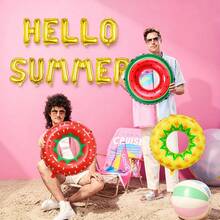 14件套夏季派对气球套装，包含金色“HELLO SUMMER”气球、西瓜、菠萝、草莓泳圈气球，适用于生日派对、夏威夷主题派对、夏季泳池沙滩派对、热带夏威夷主题活动、夏季聚会、节日派对、室内拍摄场景。 - 多色 - 查看 6