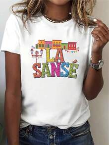 Stylish Printed T-Shirt For Women Daily TopLA Sansé With Bright And Fun Design: With Bold Prints And High-Quality Comfort, Unique And Standout/Multilayer For Winter/Lightweight For Summer/Beach Vacation/Essential For Valentine's Day - Perfect Gift, Chic Fashion T-Shirt. - 白色 - 查看 7