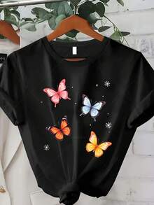 Women's Plus Size Classic T-Shirt With Butterfly Print - Loose, Lightweight, Short-Sleeved, Crew Neck, Ideal For Spring And Fall, Casual Urban Style With Butterfly Wing Design, Suitable For Spring, Summer, And Fall, A Great Gift For Thanksgiving And Christmas. Bestseller. - 黑色 - 查看 7
