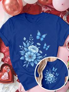 Classic Plus Size - Red T-Shirt, Suitable For Plus-Size Women, With A Blue Floral And Butterfly Design, Perfect For A Romantic Valentine's Day Look. This Short-Sleeved, Crew-Neck T-Shirt Is An Ideal Choice For Summer And Fall. A Bestseller. - 藍色 - 查看 7