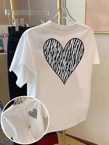 Camisetas de talla grande para mujer - Camiseta de corte holgado con hombros caídos, camisetas casuales de manga corta, camiseta para mujer, estampado de corazón en la parte delantera y trasera, estampado de cebra a la moda de manga corta, diseño personalizado con patrón de doble cara, ropa de uso diario para mujer - Camiseta casual de cuello redondo, ajuste cómodo, adecuada para ocasiones casuales y deportes, transpirable y cómoda. - Blanco - Ver 11