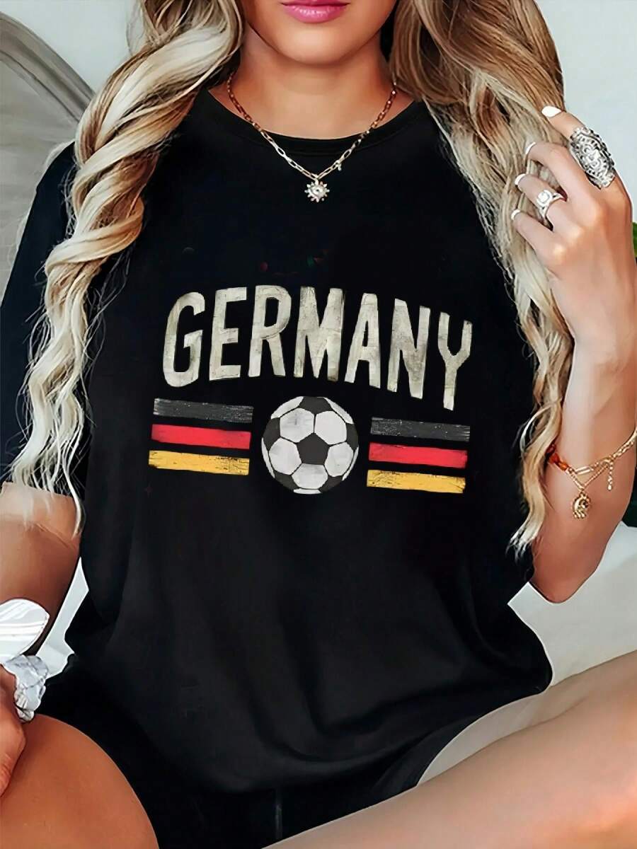 Women's Crew Neck T-Shirt With German Flag And Football Print, Limited Edition - Loose Fit, Short Sleeve, Casual Style, Suitable For Spring, Summer And Autumn, Machine Washable Activewear. | Comfortable And Loose Fit, Lightweight Cotton - 黑色 - 查看 1