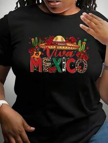 Women's Vivaéxico Limited Edition Short Sleeve Crew Neck T-Shirt - Casual Sporty Style, Soft And Breathable, 95% Polyester 5% Spandex 180g, Vibrant And Stylish Print Design, Versatile, Unique And Self-Dispensing. Lightweight Cotton - 黑色 - 查看 12