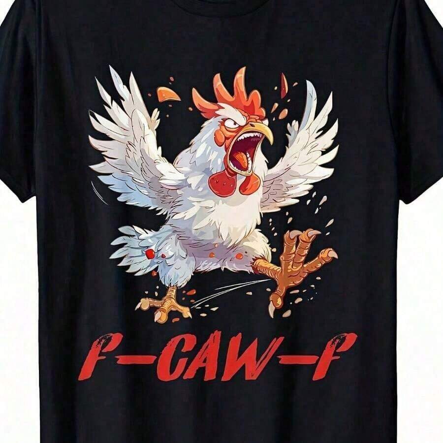 Camisetas Casuales Unisex Bonitas de Primera Calidad, Estilo Adorable con Calidad Superior y Gran Textura. Camiseta con Estampado de Humor de Pollo Divertido - Camiseta con Estampado de Letras Rojas, Tela Elástica Mediana, Ropa Casual Urbana para Hombre, Camisetas de Manga Corta para Hombres y Mujeres - Negro - Ver 1