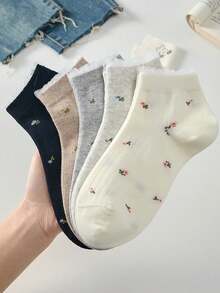 1/5 Pairs Women's Candy Color Floral Print Short Socks, Suitable For All Seasons, Random Colors, Back To School, Funny Socks - Multicolor - View 2