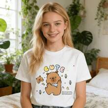 Tops para mujer Casual de Algodón para Mujer con Estampado de Oso, Cuello Redondo, Manga Corta, Corte Regular - Blanco - Ver 7