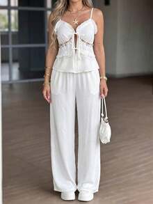 Conjunto de 2 piezas de Mujer de Camisola con Volantes y Lazos Blancos + Pantalones de Pierna Ancha, Conjunto Casual y Elegante de Verano para Vacaciones - Blanco - Ver 5