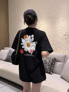 Camiseta de manga corta con cuello redondo y estampado floral y de letras para mujer, estilo casual negro para primavera y verano. - Negro - Ver 8