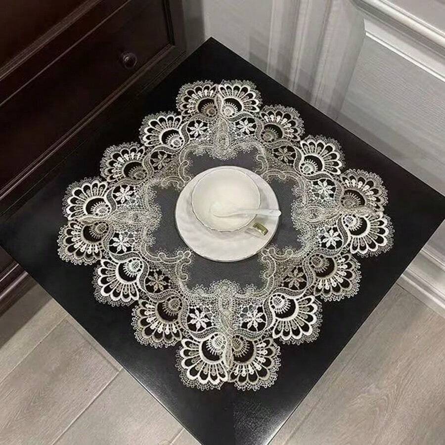 1pc Embroidered Mesh Placemat, French Luxury Polyester Embroidered Mesh Placemat Tablecloth, Suitable For Dining Table, Coffee Table, Daily Home Decor, Bedside Cabinet Decor, Multipurpose Cover - Light Grey - View 1
