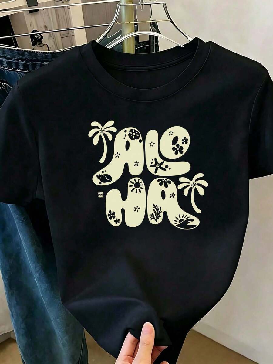 Black T-Shirt With "Aloha" Tropical Print Featuring Palm Trees And Flowers, Short Sleeve Crew Neck, Casual Hawaiian Beach Top, Comfortable Summer And Vacation Wear, Regular Fit For Everyday Wear And Beach Outings - 黑色 - 查看 1