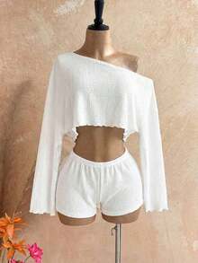 Casual 2-Piece Set Consisting Of A Cropped Top With An Irregular Neckline And Lettuce Hem, And Shorts, In A Solid Color, For Vacation, Spring/Summer - Blanco - View 10