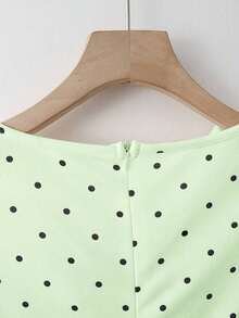 Vestido corto de manga corta de estilo minimalista y romántico para uso diario y casual, con cuello con volantes, lazo en la cintura y estampado de lunares al estilo francés, para primavera/verano - Verde - Ver 7