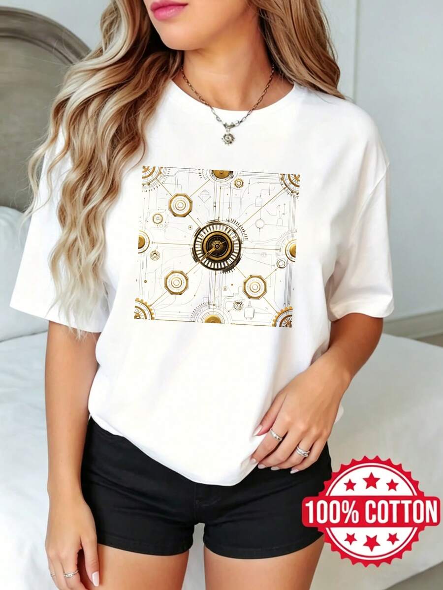 Camiseta de manga corta con cuello redondo y estampado para mujer, verano, estilo casual Patrón de Diseño de Engranes Mecánicos S-3XL 100% aodón material