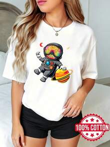Camiseta de manga corta con cuello redondo y estampado, para mujer, para verano Astronauta sosteniendo un planeta con gafas arcoíris S-3XL 100% aodón, - Blanco - Ver 2