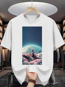 Men's T-Shirt With Space Observation Design | Features An Astronaut And Terrestrial Landscape Print, Solid Color, High-Quality Printing, Durable, Casual And Stylish, Crew Neck, Regular Fit, Short Sleeves. Loose And Comfortable. - Mixed Colors - View 8