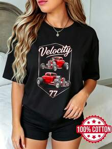 Women's Black Short-Sleeved T-Shirt With Round Neck And Print, Summer Red Car Speed 77 S-3XL Fashion 100% Cotton Breathable Material - 黑色 - 查看 1