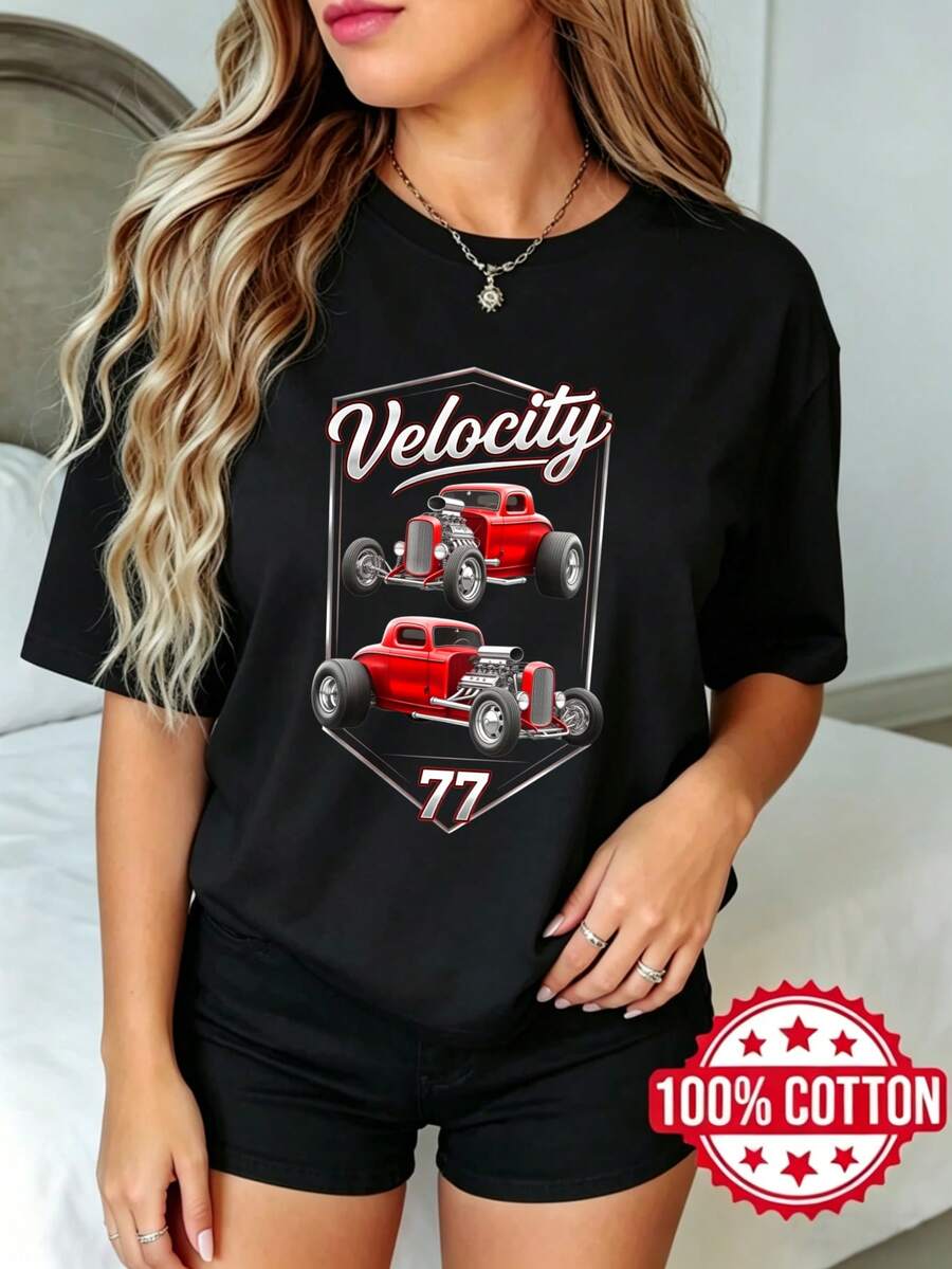 Women's Black Short-Sleeved T-Shirt With Round Neck And Print, Summer Red Car Speed 77 S-3XL Fashion 100% Cotton Breathable Material - 黑色 - 查看 1