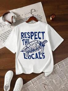1 pieza, envío gratis, camiseta de algodón 100% para mujer con estampado gráfico de tortuga marina "Respect The Locals" - Camiseta blanca de manga corta con cuello redondo y estampado de vida marina azul, estilo playero informal y estético, ropa de calle para vacaciones de verano, estilo playero informal y estético 2026 - Ropa de playa para mujer, ropa linda, ropa para conciertos 100% algodón. - Blanco - Ver 2