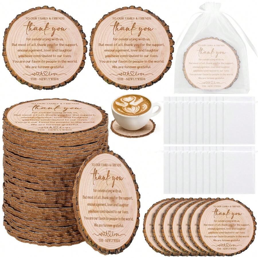 200pcs Wedding Favors Included 100 Tree Bark Cork Coasters And 100 White Organza Bags For Guests Cork Coasters Bulk Thank You For Celebrating With Us Party Decoration Wood Coaster Rustic Wedding Gift Bridal Shower Party Favors(Tree Bark) - 200pcs - View 1