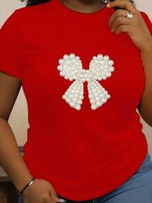 Camiseta de manga corta de verano 100% algodón para mujer, estampada, a la moda, transpirable, combina con todo, 100% algodón. - Rojo - Ver 1