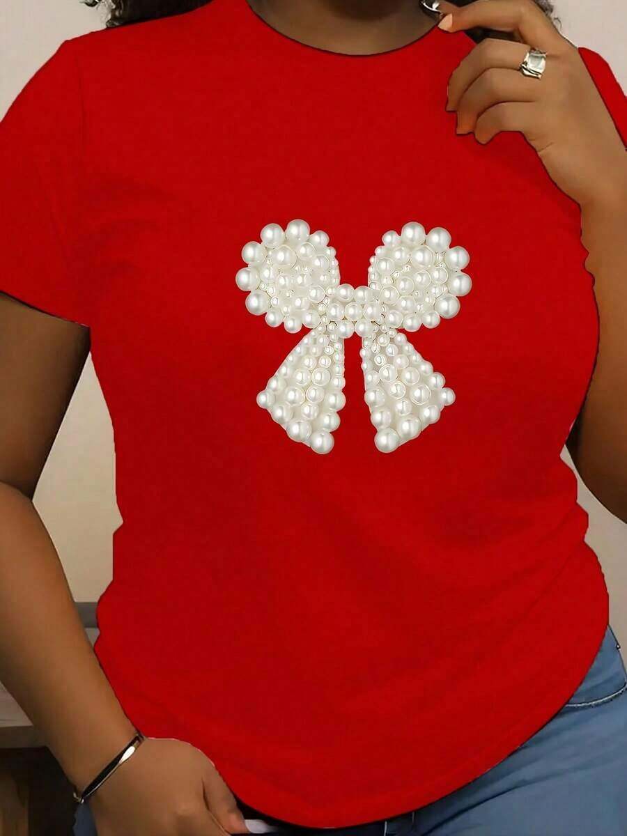 Camiseta de manga corta de verano 100% algodón para mujer, estampada, a la moda, transpirable, combina con todo, 100% algodón. - Rojo - Ver 1