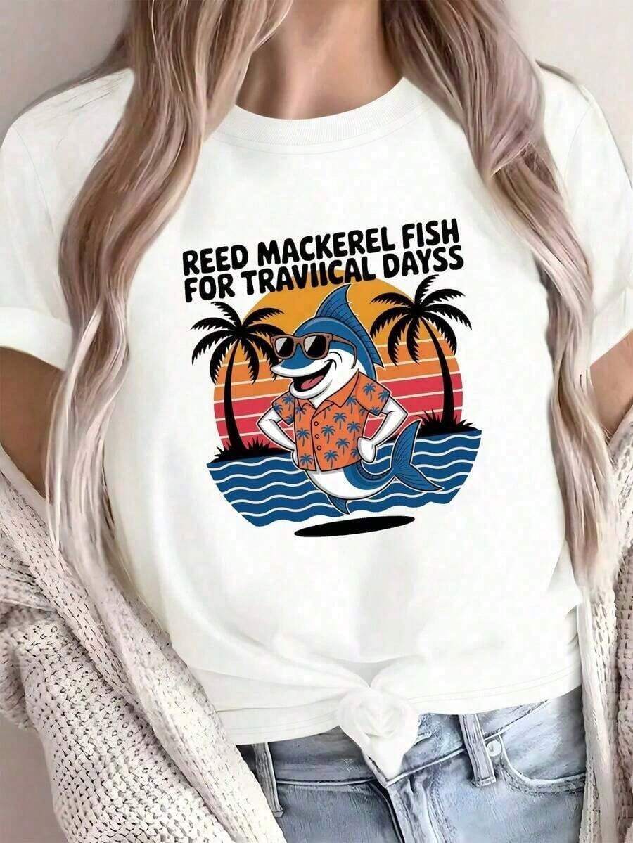 ComfortableCamiseta Ligera de Mujer Blanca con Estampado Vintage de Bacalao - Estilo Camisa Hawaiana de Manga Corta, con Patrones de Tiburón Tropical y Atún, Ropa Casual de Playa, Atuendo pa - Blanco - Ver 1