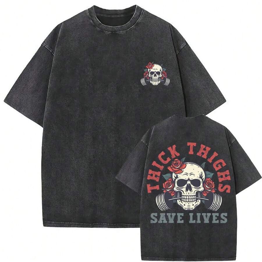 Playera oversize divertida para hombre y mujer estilo vintage lavado estampado de esqueleto y gimnasio para entrenamiento casual fitness chicas ropa de hombre camiseta de mujer blusas para mujer algodon duradera uso diario con envio nacional - Beis - Ver 1