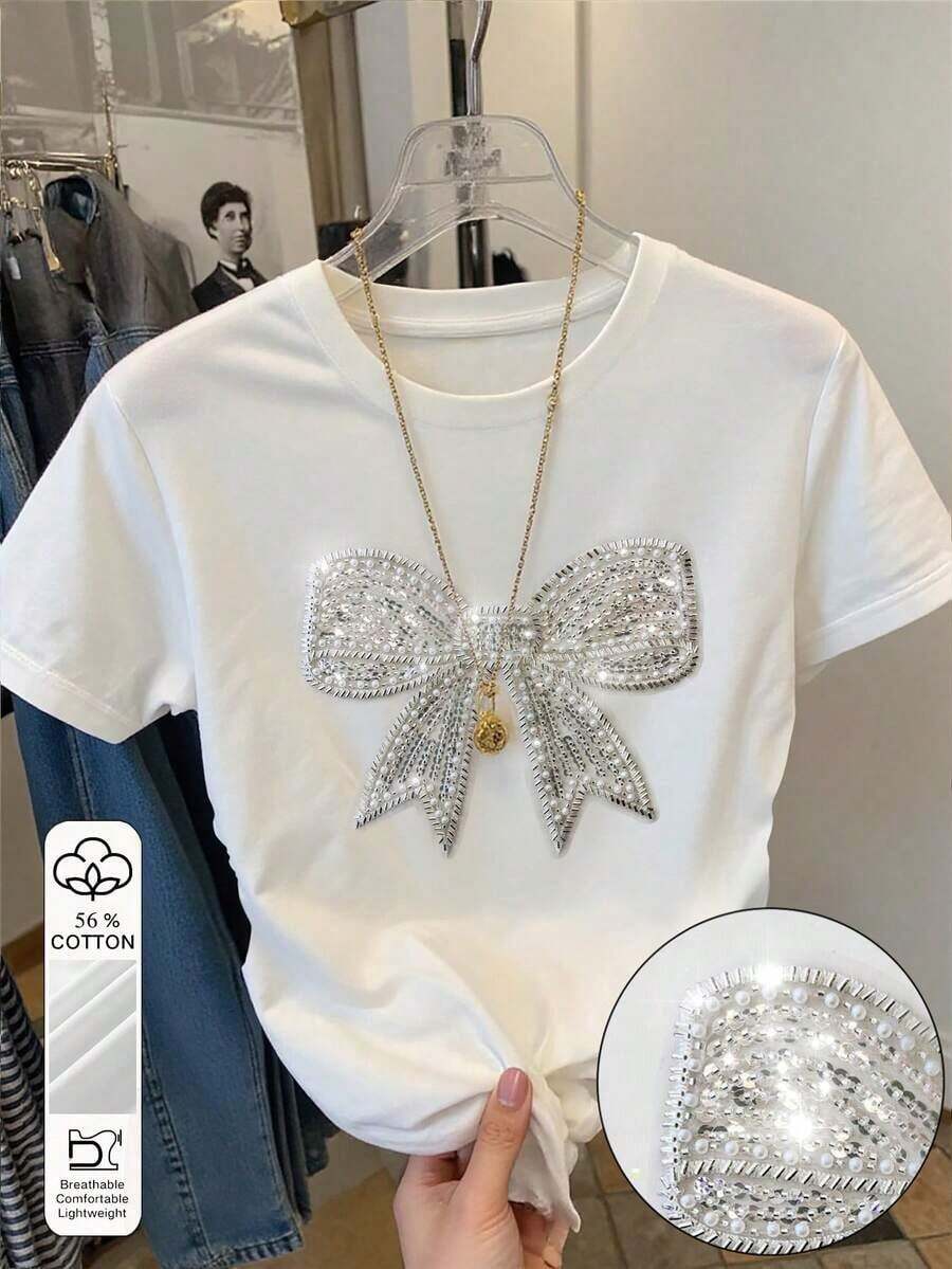 Camiseta casual de mujer con estampado digital a rayas y cordón en la cintura, un gran regalo para amigos - Blanco 2 - Ver 1