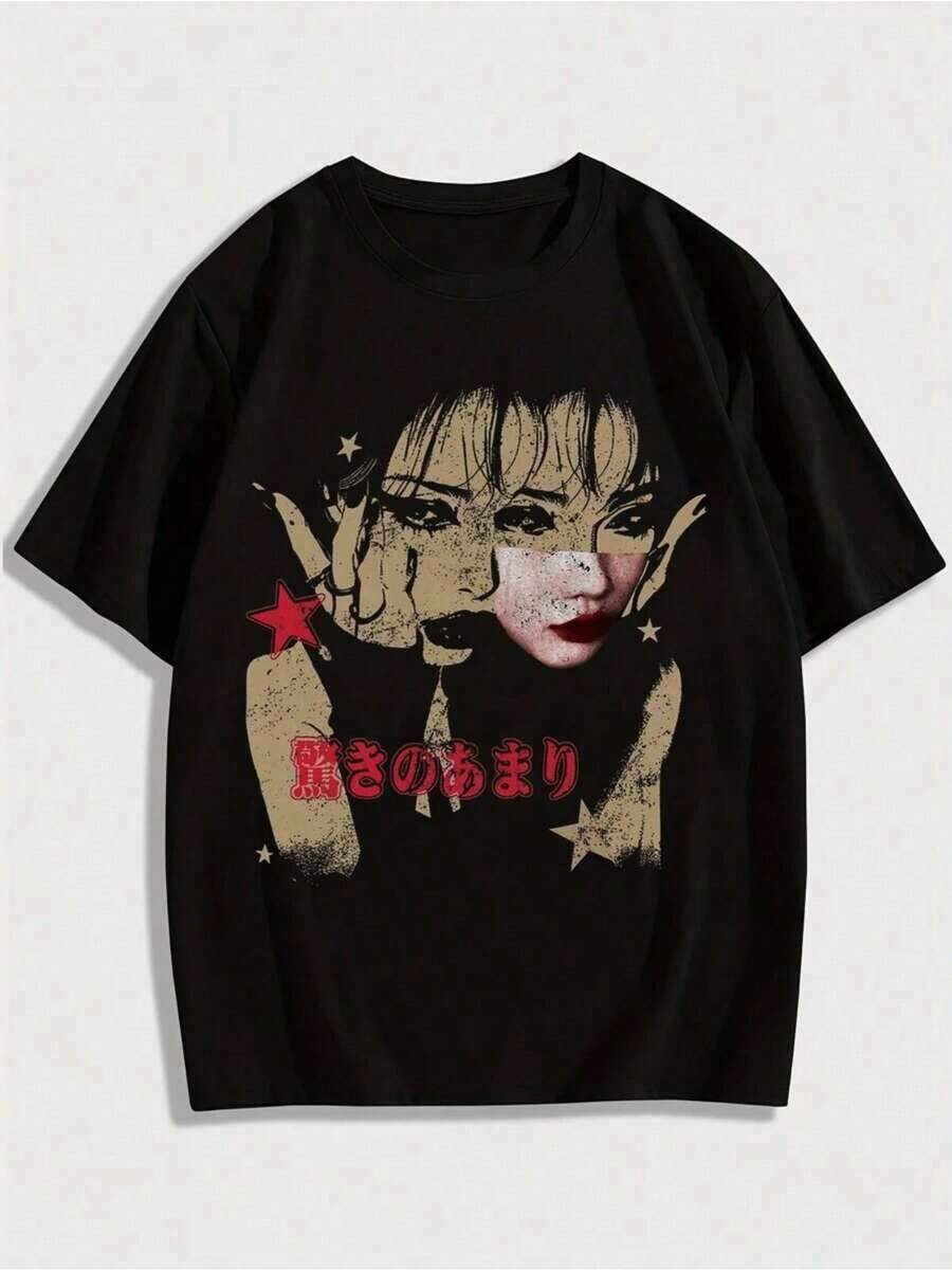 Women's Top: Two Raised Hands Forming A Victory Gesture Next To A Red Star And Artistic Strokes That Express Strength, Freedom, And Rebellious Energy In A Modern Tone. Men's Casual T-Shirt, Comfortable For Everyday Wear, Elegant And Versatile. 2026 - 黑色 - 查看 1
