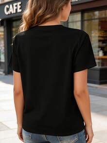 Camiseta de Mujer, Camiseta Estampada de Manga Corta para Mujer, Cómoda y Elegante para Uso Diario Casual, Combinada con un Sombrero Mexicano de Ala Ancha con Estampado y Guitarra, Camisetas para Salir de Fiesta para Mujer - Negro - Ver 3