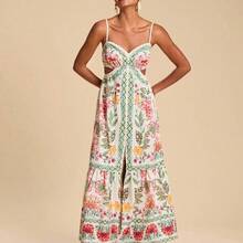 Women's Summer Vacation Floral & Geometric Print Hollow Ruffle Hem Maxi Slip Dress,Summer Beach Outfits, Christmas Party Clothes, New Year Look, Thanksgiving Outfits, Elegant Dresses Party, Tropical Vacation Dress, Garden Party Dress, Wildflower Dress,Christmas Outfit, New Year Clothes, Thanksgiving, Chic Elegant Dress For Party, Luxury Wedding Guest Party Dress,  Cocktail Dress - Rojo - Ver 8