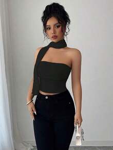 Elegante top de camisola plisada con bufanda de malla para mujeres - Negro - Ver 4