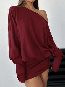 Vestido corto y ajustado de manga larga, asimétrico y sexy para mujer, para festivales de música y estilo streetwear moderno - Burdeos - Ver 5