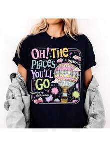 Camiseta de lectura cómoda para mujer, de manga corta, de una pieza, 180g, para vacaciones de verano, con el estampado "Oh, the Place You'll Go", camiseta con el tema "Little Things Teacher", camiseta con el tema del Mes Nacional de Lectura. - Negro - Ver 12