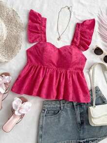 Blusa de corte de línea A con cuello cuadrado, manga corta y estampado retro azul y blanco, adecuada para fiestas, citas, el Día de San Valentín, el té de la tarde - Rosa Fucsia - Ver 5