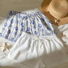 2-Piece Set, Versatile And Casual, One With Shell Print And One With Cotton And Linen, Suitable For Seaside Vacation,Comfy Shorts,Linen Pants Beach Summer Shorts - Blanco y Negro - Ver 2