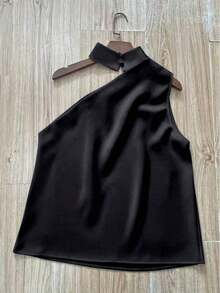 1 pieza Blusa elegante sin mangas de satén de unicolor con volantes asimétricos/asimétricos, adecuada para verano, vacaciones, oficina, hogar, uso diario, fiesta de cumpleaños, eventos formales y casuales - Negro - Ver 5