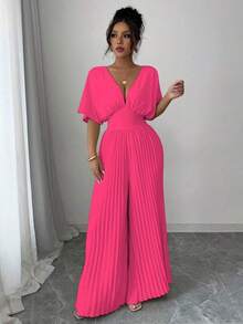 Mono de mujer elegante con cuello en V profundo, mangas tipo murciélago y plisados, de unicolor - Rosa Fucsia - Ver 3