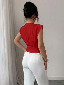 Nueva camiseta sin mangas ajustada para mujer con cuello alto de punto, media cremallera frontal y estilo informal - Rojo - Ver 2
