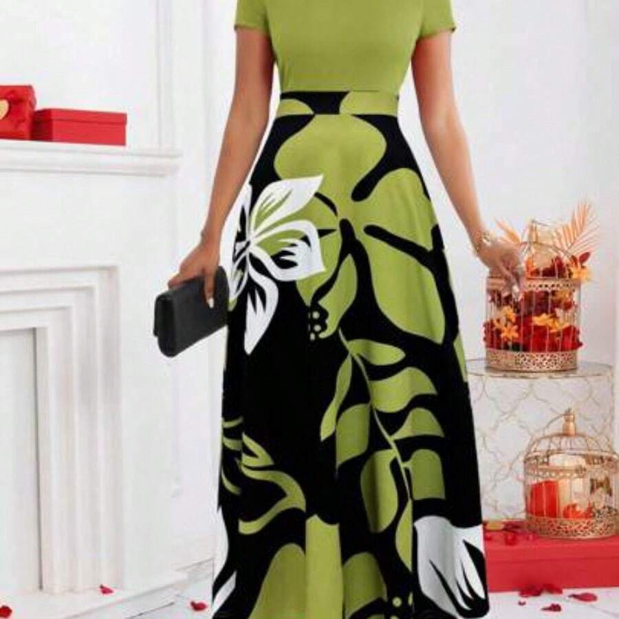 Lunessa Women Round Neck Short Sleeve Floral Print Elegant Charming Fashion Dress Burgundy Maxi Women Outfit - Verde - Ver 1
