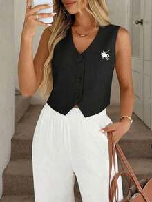 Chaleco negro, chaqueta fina, blusa de oficina para mujer - Negro - Ver 3