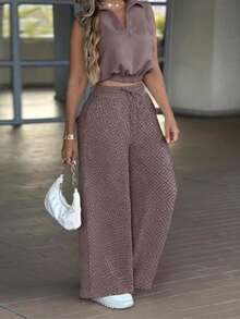 Conjunto casual versátil de blusa sin mangas con cuello vuelto y pantalones largos casuales con cintura elástica y cordón - Marrón oscuro - Ver 2