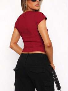 Camiseta De Verano Para Mujer unicolor De Cuello Redondo Y Manga Corta De Ajuste Delgado - Rojo - Ver 2