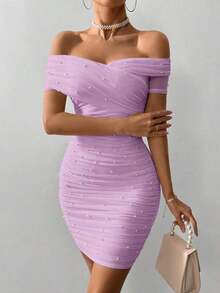 Vestido ajustado para mujer con hombros abiertos, manga corta y adornos con cuentas - Lila Púrpura - Ver 5