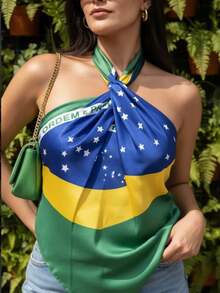 Women's Multifunctional Scarf With Brazilian Flag Print, Soft Satin | 90x90cm | Look - màu xanh lá - Xem 7
